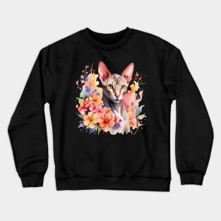 An oriental shorthair cat decorated with beautiful watercolor flowers Crewneck Sweatshirt